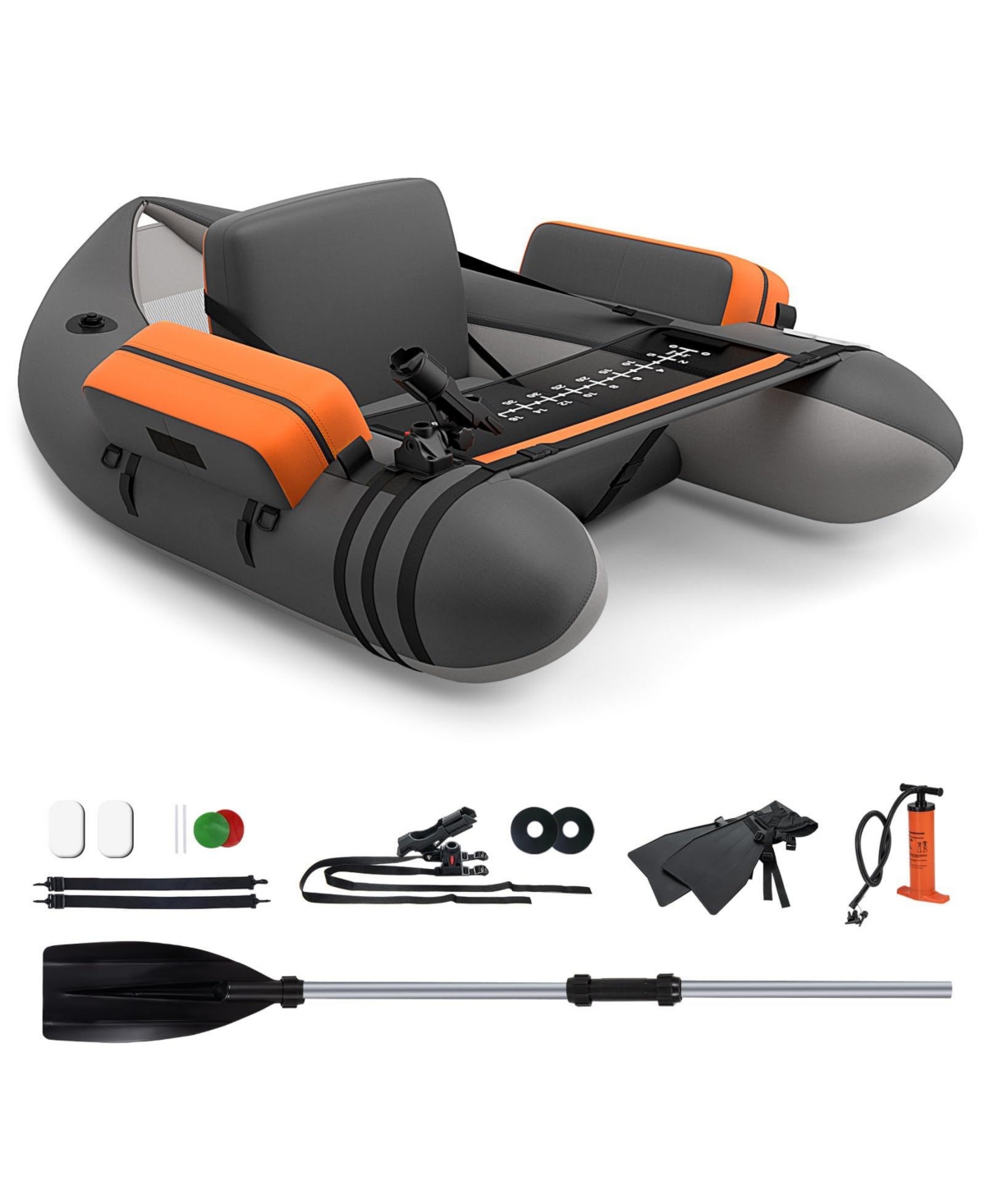 Inflatable Fishing Float Tube with Pump Storage Pockets and Fish Ruler - Grey