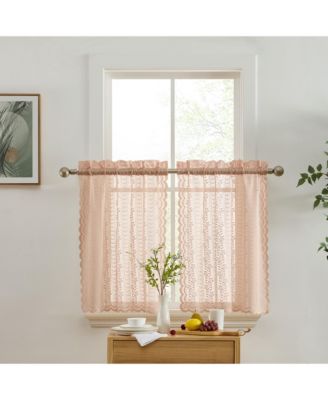 Sophia Floral Rod Pocket Lace Semi Sheer Voile Short Cafe Tiers for Small Windows - 28 x 24 Inch Length (Blush Pink Tiers, Set of 2)