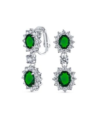 Crown Halo Pave Cubic Zirconia CZ Drop Dangling Oval Chandelier Clip On Earrings Statement Non-Pierced