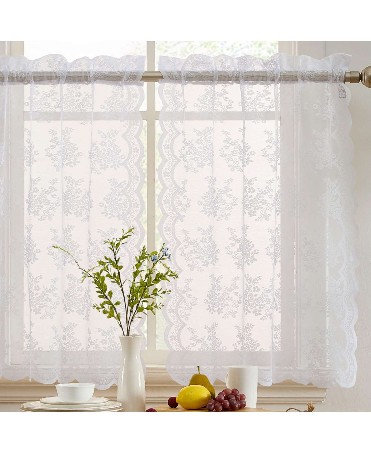 Jolene Floral Rod Pocket Lace Semi Sheer Voile Short Cafe Tiers for Small Windows - 28 x 24 Inch Length (White Tiers, Set of 2) - White