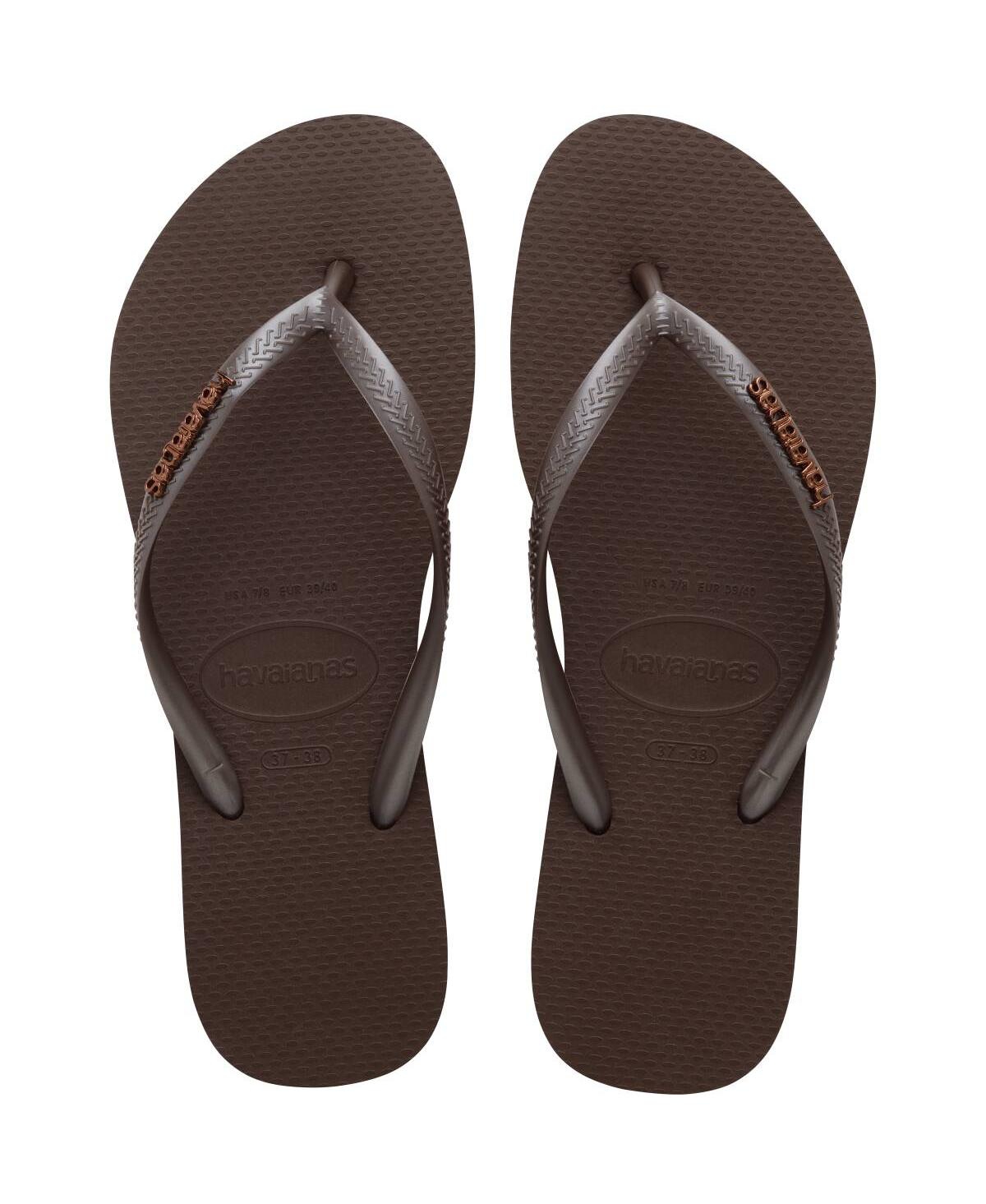 Shop Havaianas Women's Slim Logo Metallic Round Toe Sandals In Dark Brown