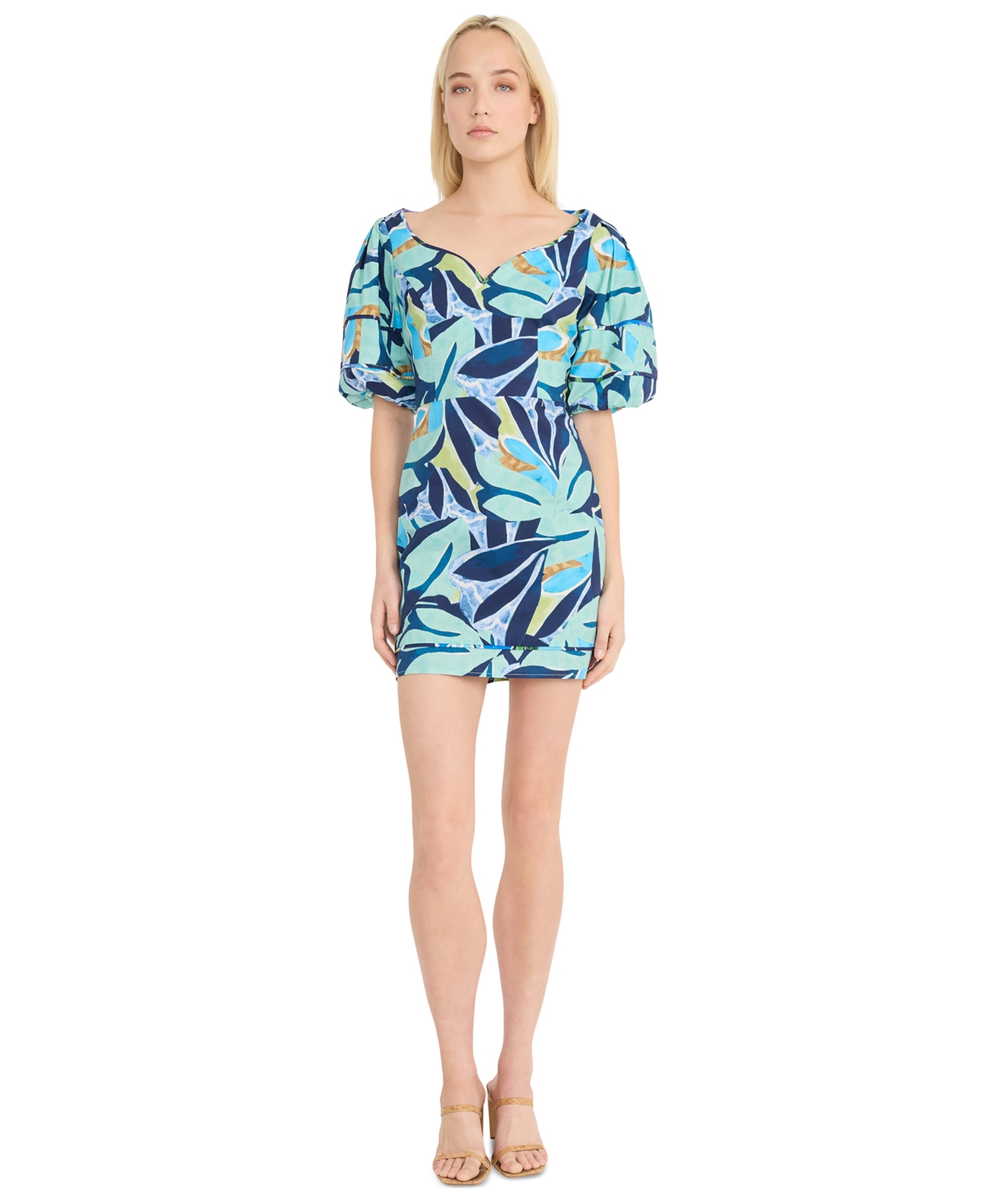 Women's Puffed-Sleeve Graphic-Print Dress - Cream/blue