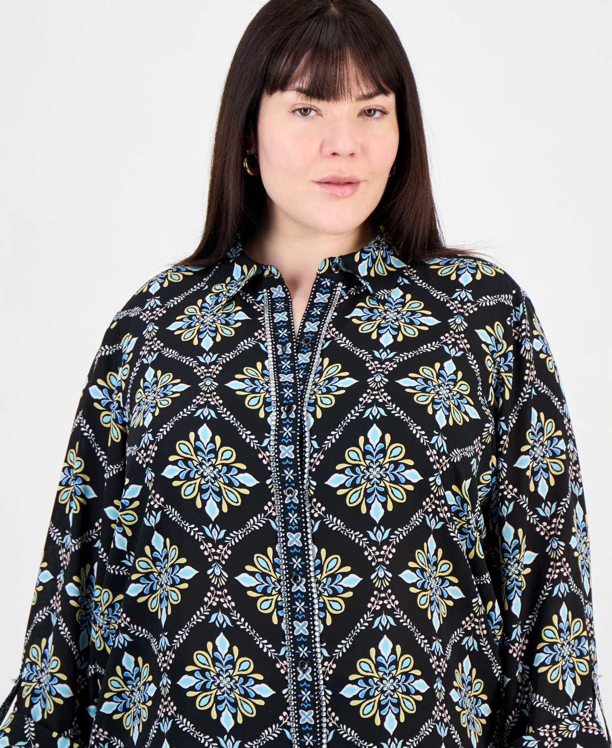 JM COLLECTION PLUS SIZE EMBELLISHED-PLACKET BUTTON-FRONT SHIRT, EXCLUSIVELY AT MACY'S 