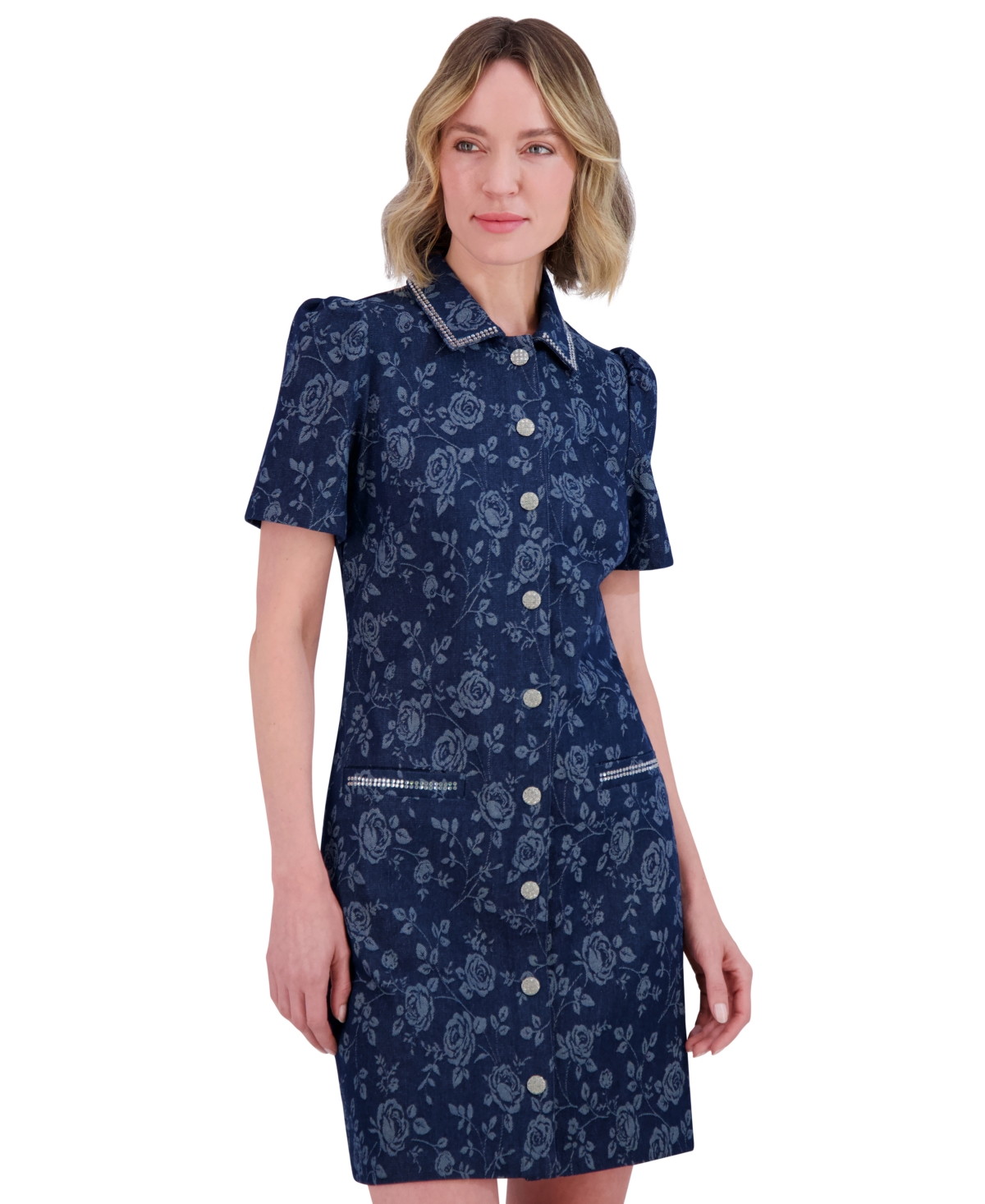 ELIZA J PETITE FLORAL PRINT PUFF-SLEEVE DENIM SHIRT DRESS 