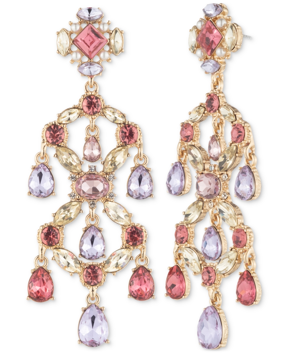 MARCHESA GOLD-TONE CRYSTAL & IMITATION PEARL CHANDELIER EARRINGS 
