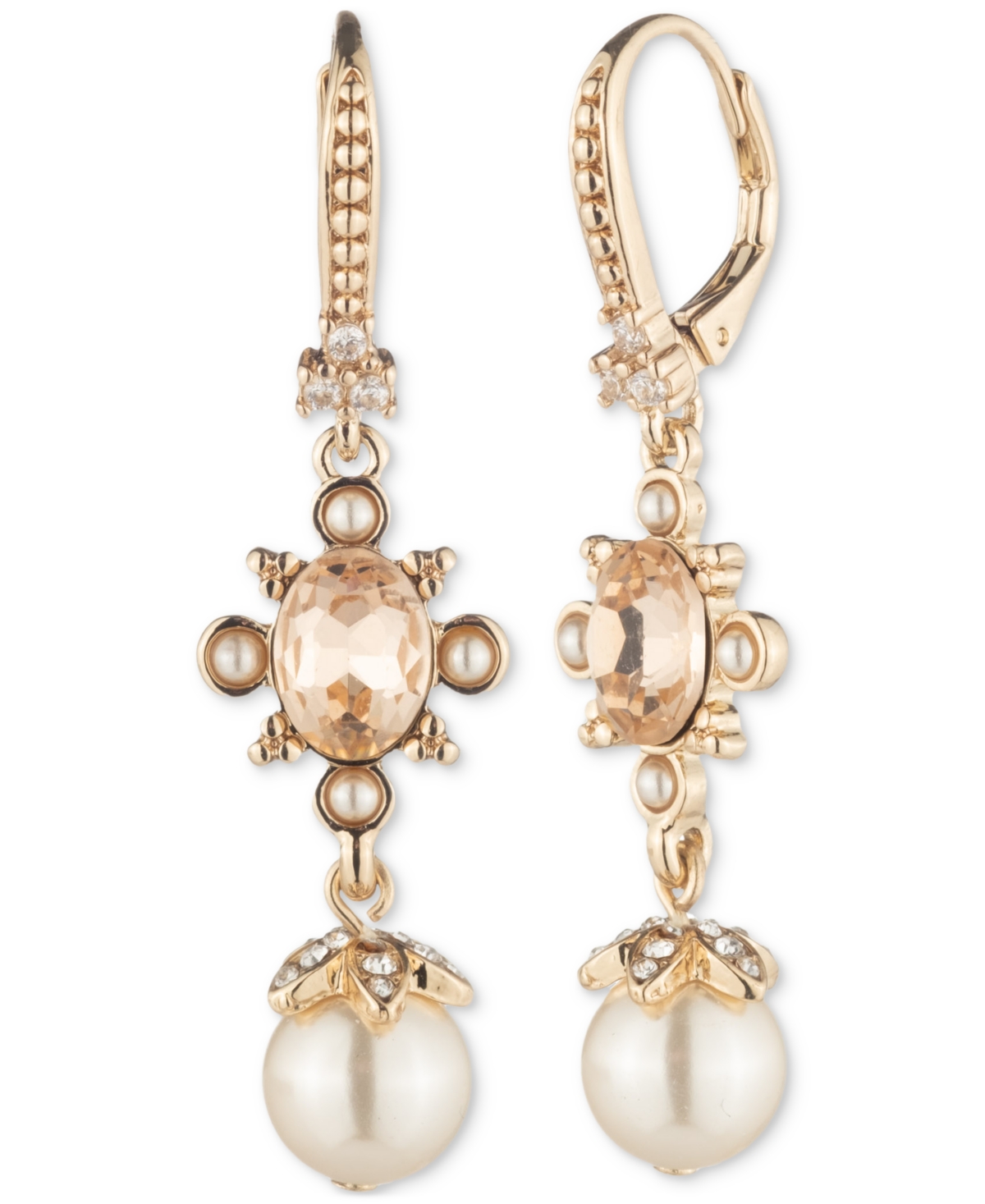 MARCHESA GOLD-TONE CRYSTAL & IMITATION PEARL DOUBLE DROP EARRINGS 
