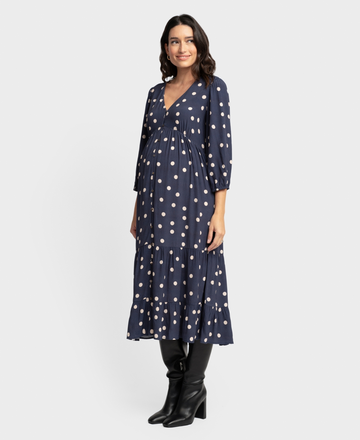 Shop Seraphine Women's Maternity V-neck Button Down Tiered Dress In Navy Dot