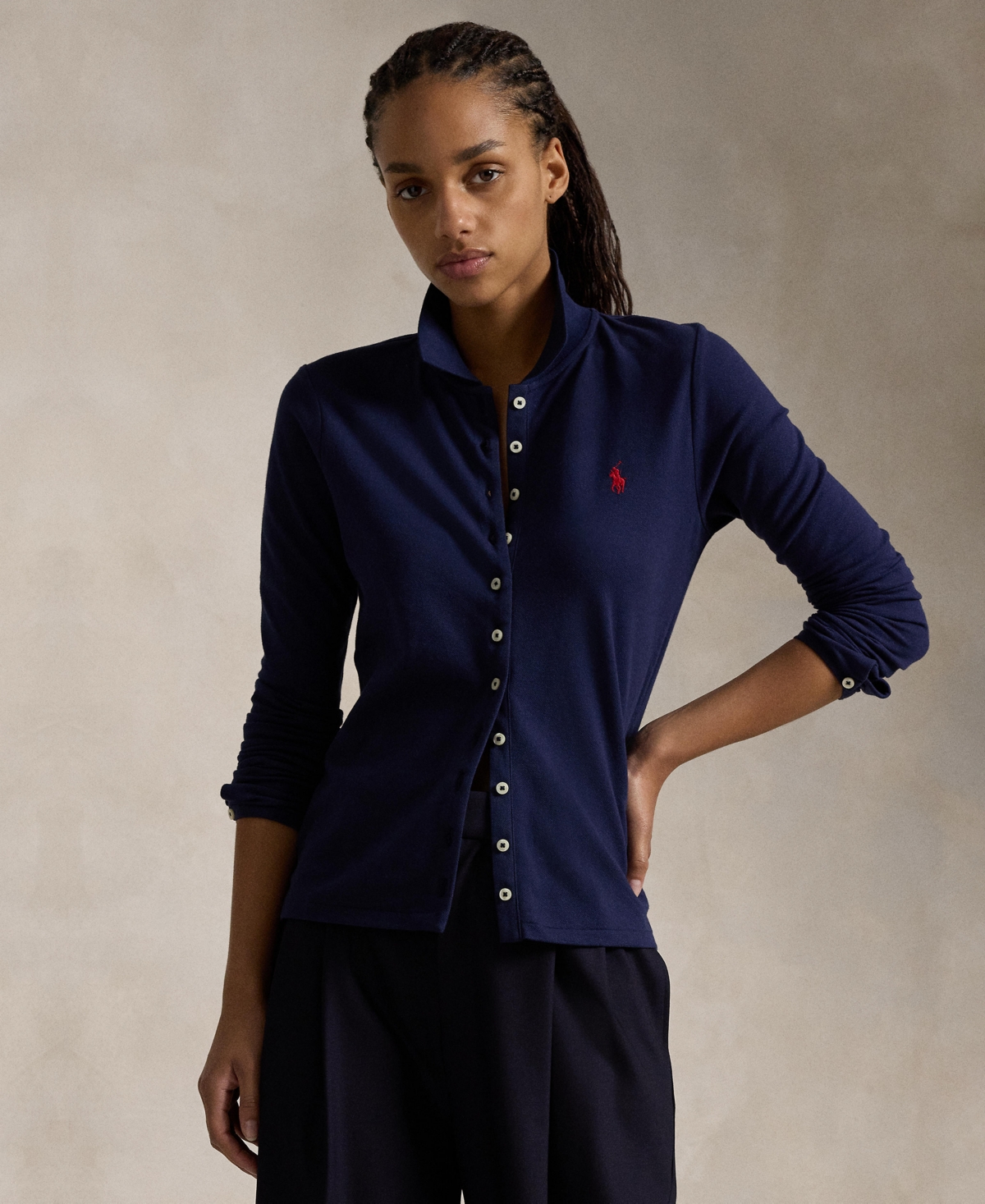Polo Ralph Lauren Buttoned-placket Long-sleeve Polo Shirt In Newport Navy