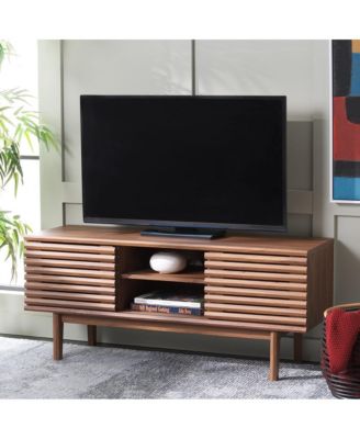 1 Pc Wood Media Stand, 2 Doors, Slatted Facade, Open Shelves – Entertainment Consoles