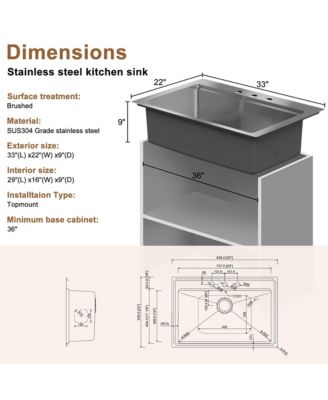 33" L x 22" W Single Bowl Stainless Steel Drop-in Workstation Kitchen Sink with Accessories