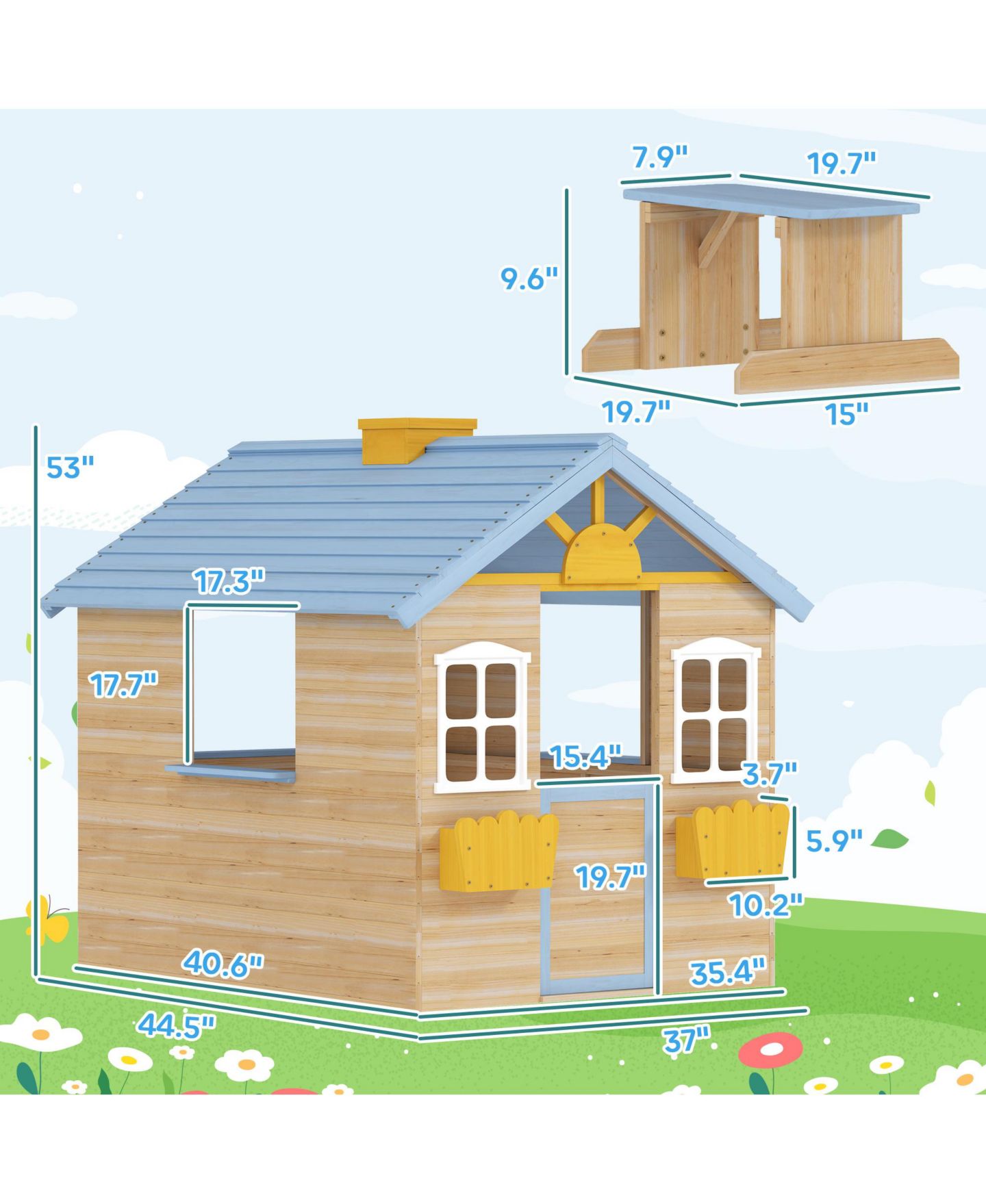 Детская игрушка Outsunny Outdoor Wooden Playhouse, Ages 3+, цвет: Синий — фото 3