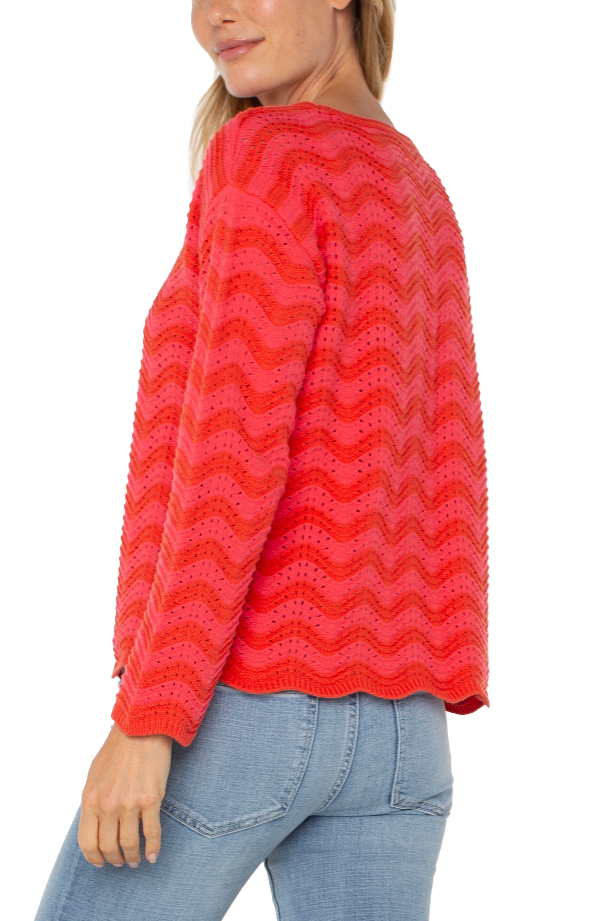 Liverpool Los Angeles Wavy Stripe Pointelle Cotton Blend Sweater In Pink Red Stripe