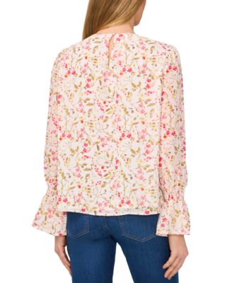 Women's Printed Long-Sleeve Smocked-Cuff Blouse 