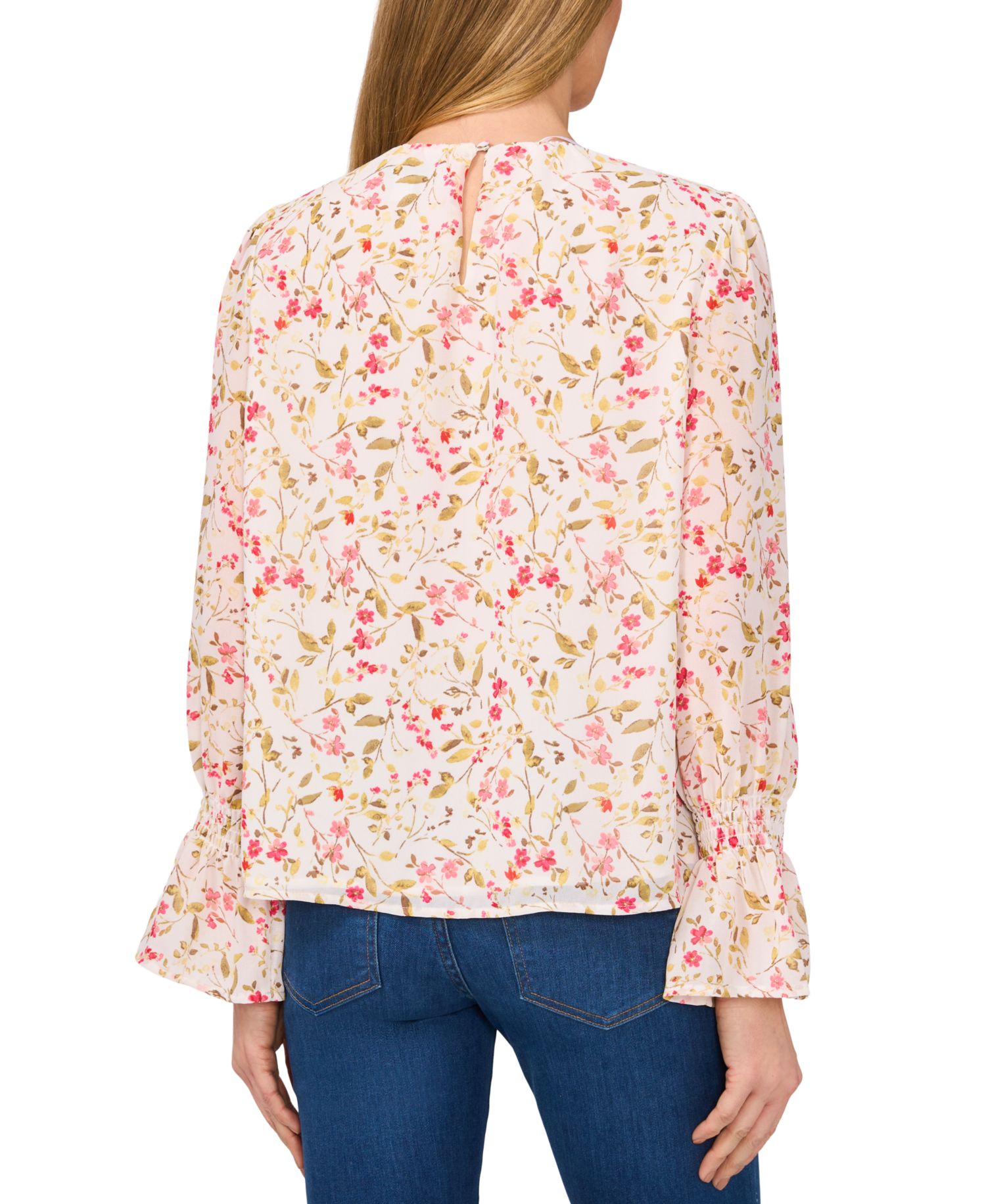 Women's Printed Long-Sleeve Smocked-Cuff Blouse