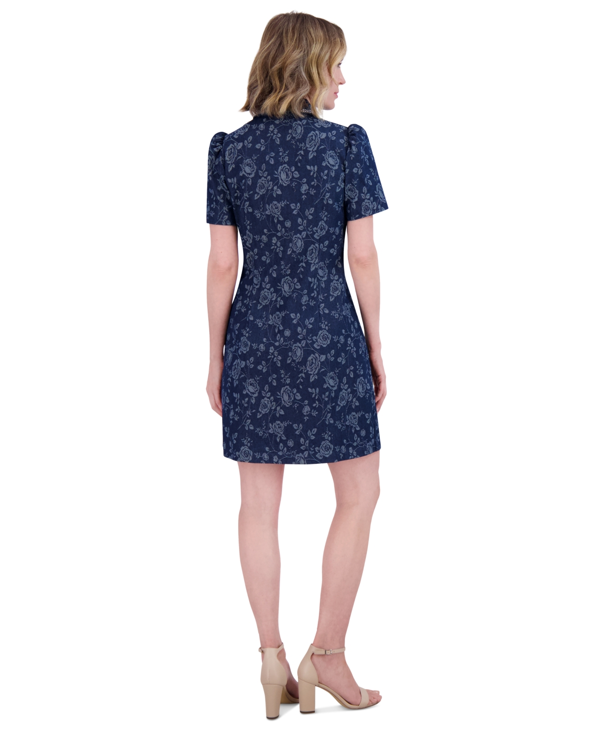 ELIZA J PETITE FLORAL PRINT PUFF-SLEEVE DENIM SHIRT DRESS 