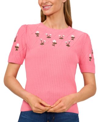 CeCe - Women's Crewneck Flower Embroidered Short Sleeve Cotton Sweater