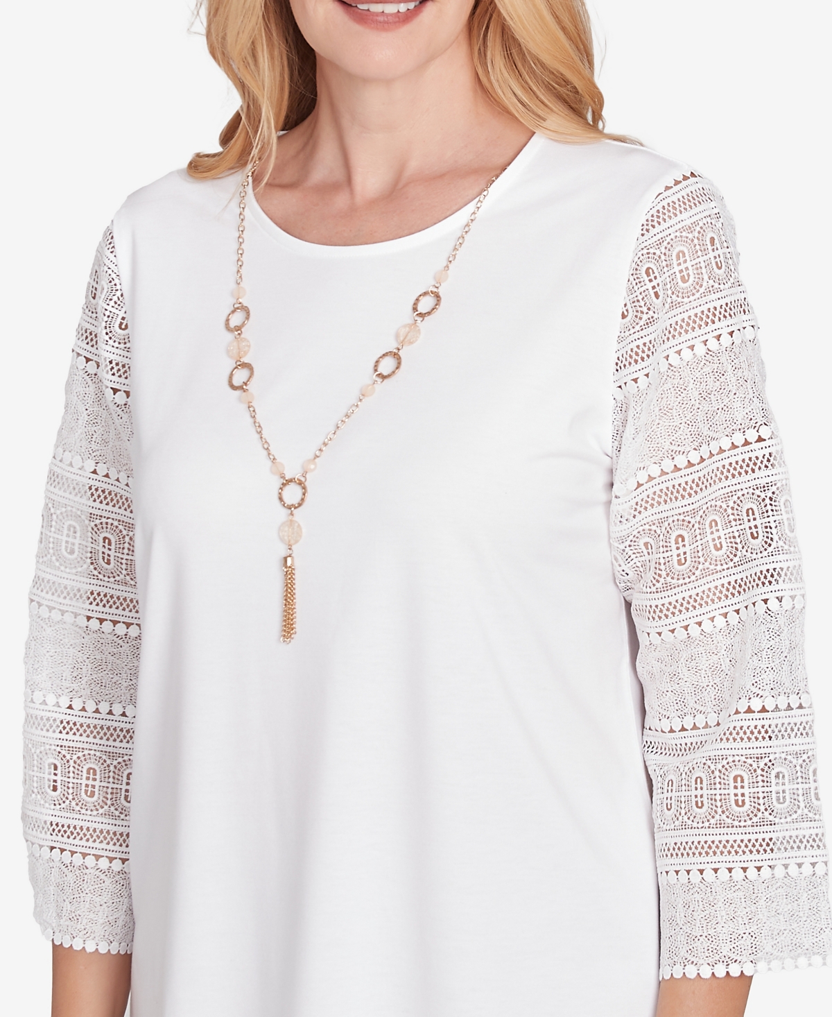 Alfred Dunner Petite Kensington Gardens Solid Lace Sleeve Knit Top With Necklace In Ivory