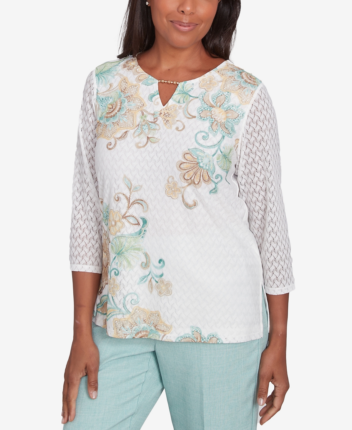Alfred Dunner Petite Kensington Gardens Textured Knit Scroll Split Neck Top In Neutral Multi