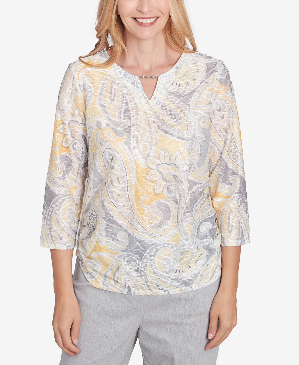 Women's Dress Code Textured Paisley Beaded Neck Top - Grey Multi