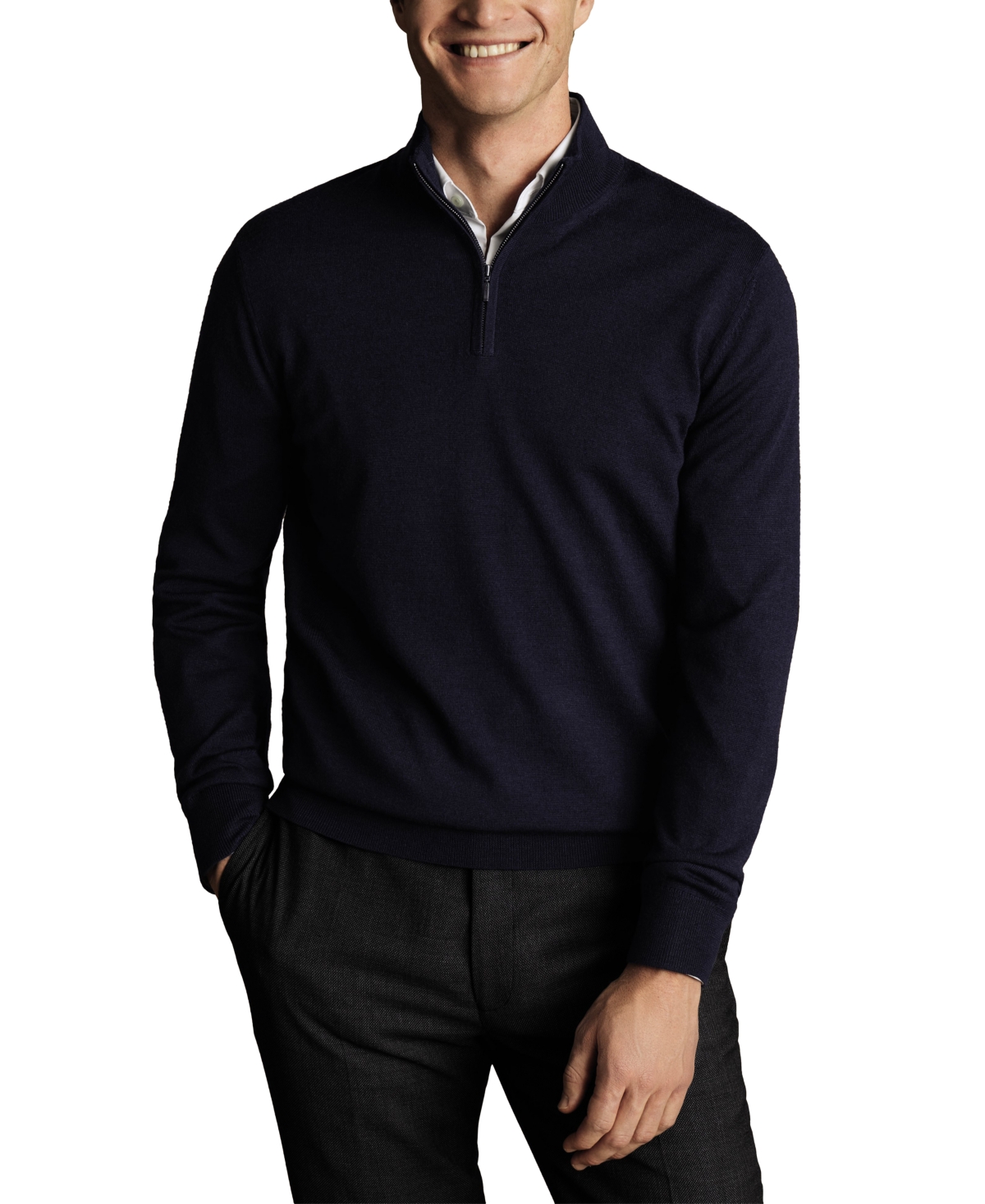Men's Long Sleeve Quarter-Zip Merino Wool Sweater - Navy Blue