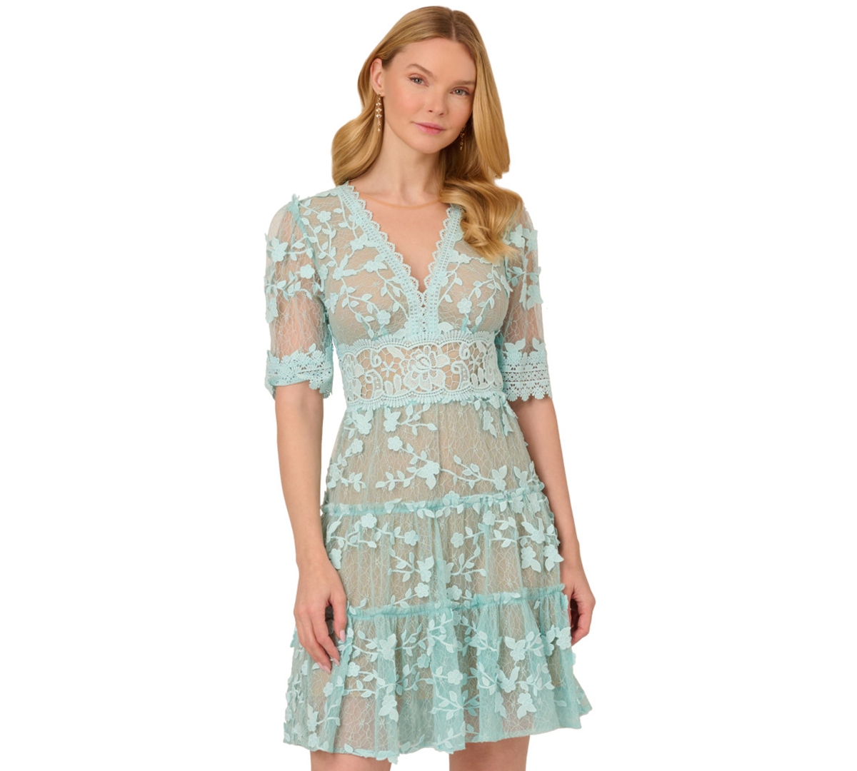 Shop Adrianna Papell Women's V-neck Lace Embroidery Dress In Airy Aqua