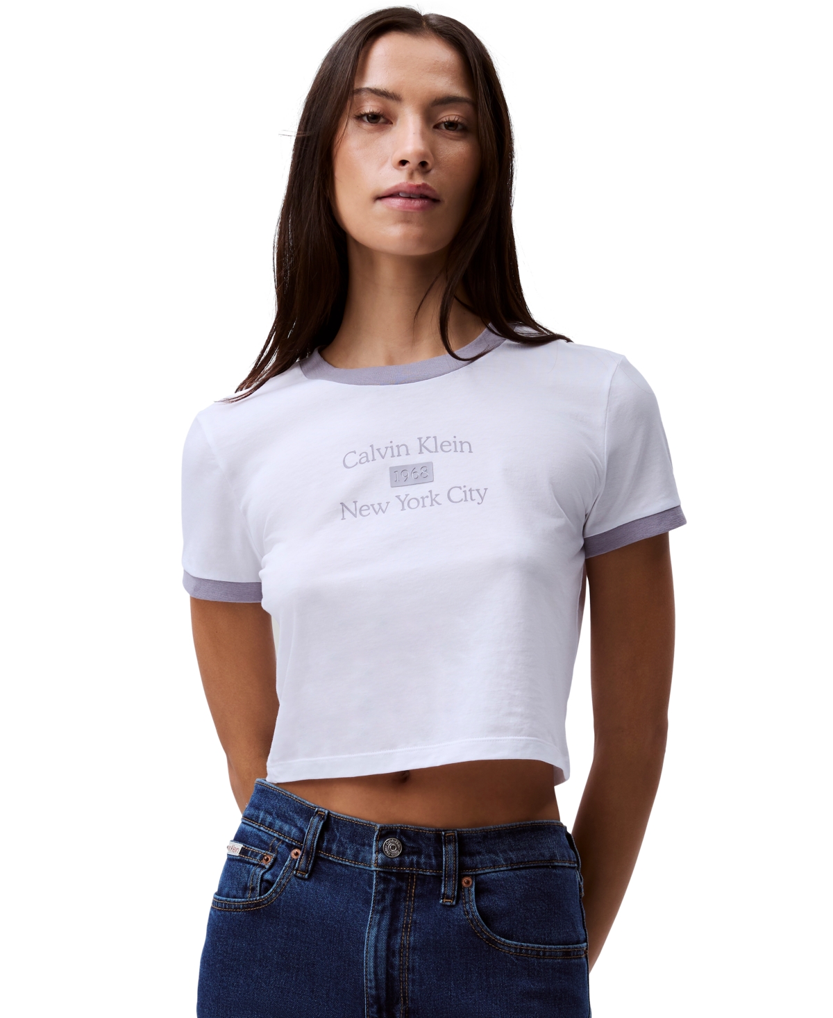 Women's Cropped Logo Ringer T-Shirt - Brilliant White/lila Gray