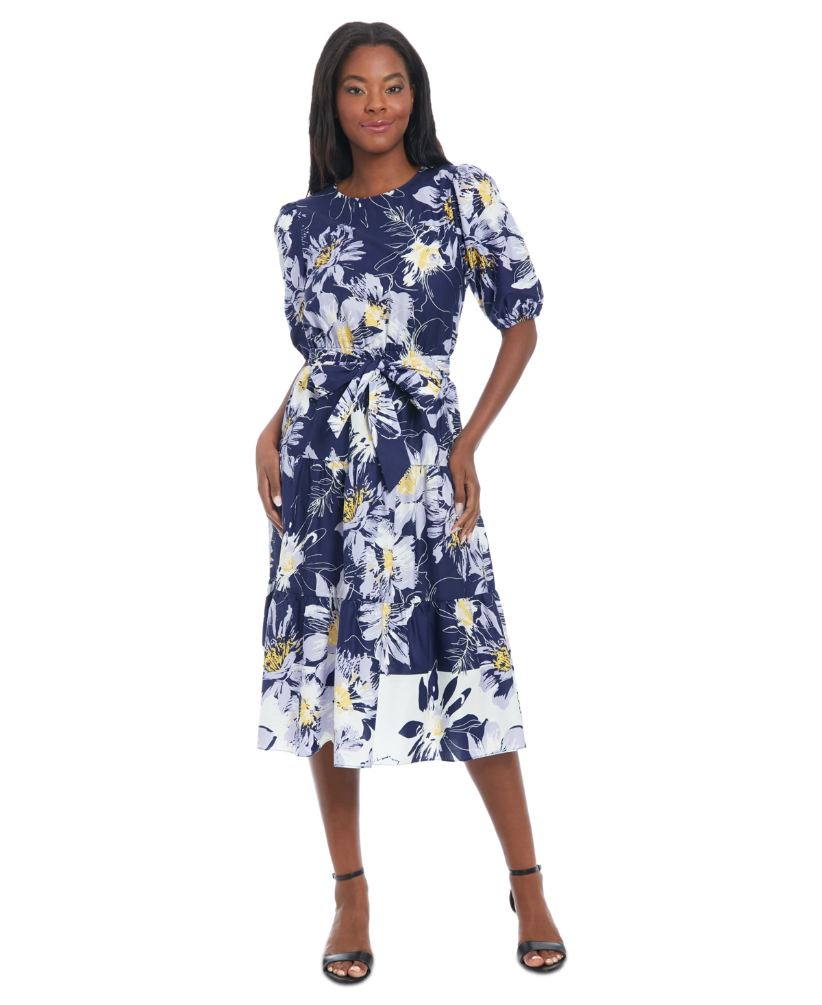 Petite Printed Puff-Sleeve Midi Dress - Navy Ivory