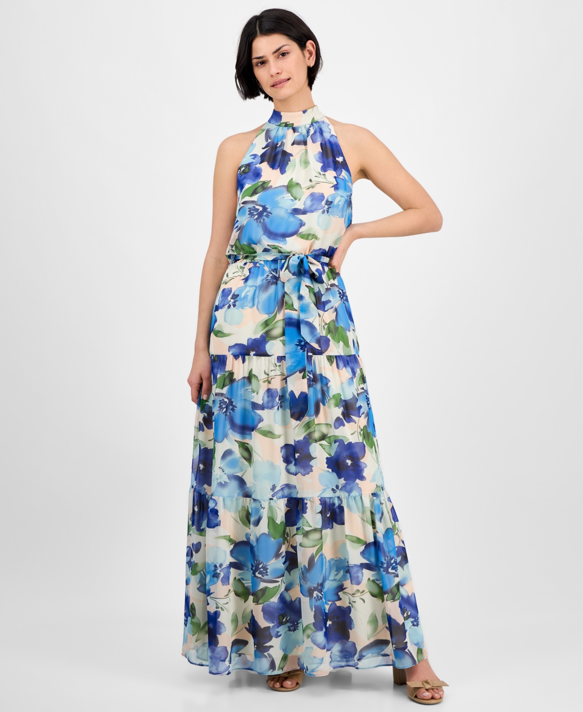 Women's Floral-Print Tiered Maxi Dress - Blue Multi
