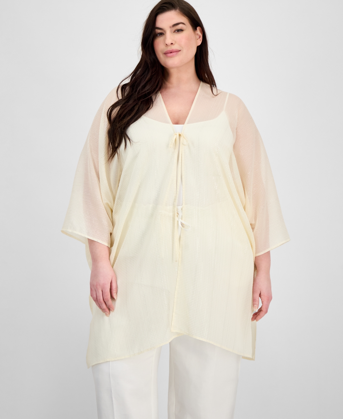 Anne Klein Plus Size Shimmer-texture Open-front Scarf Kimono Cardigan