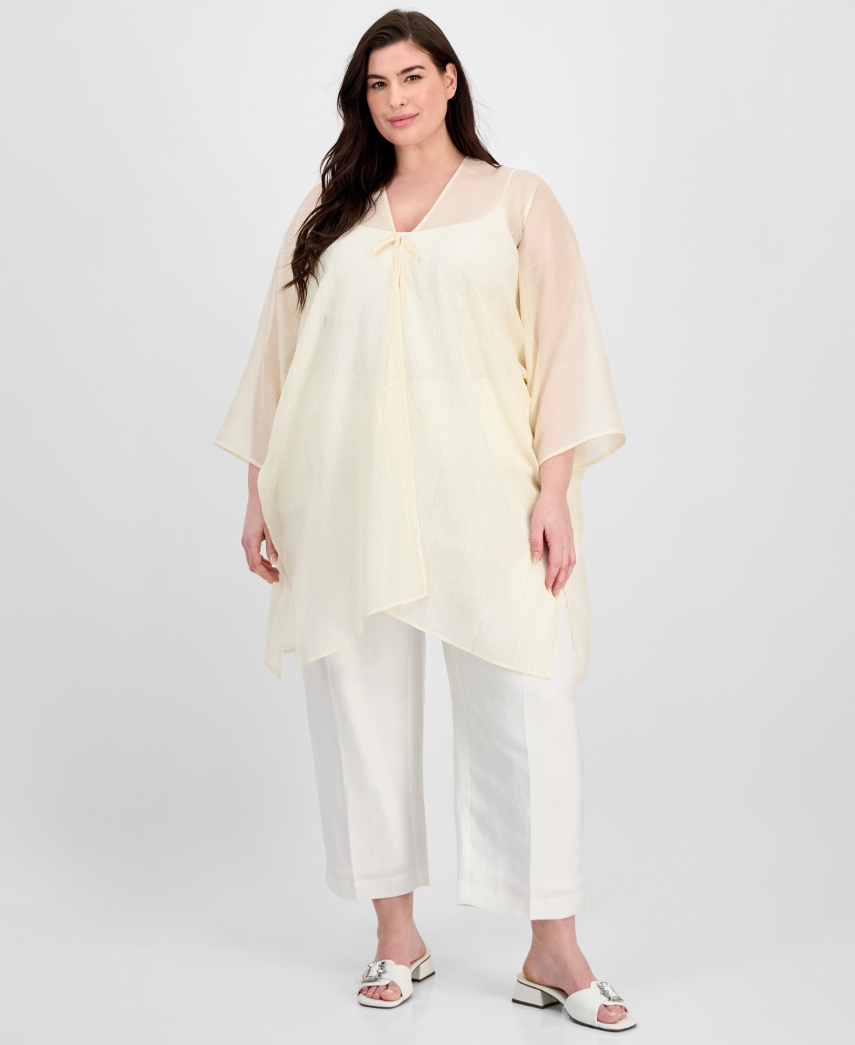 ANNE KLEIN PLUS SIZE SHIMMER-TEXTURE OPEN-FRONT SCARF KIMONO CARDIGAN 