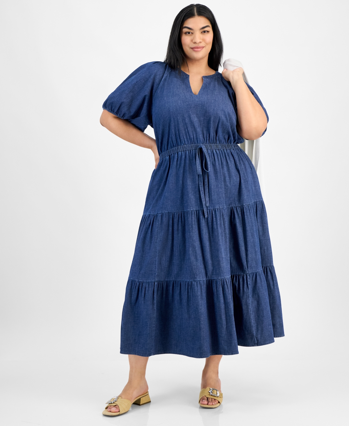 Anne Klein Plus Size Puff-sleeve Tiered Midi Dress In Dark Wash