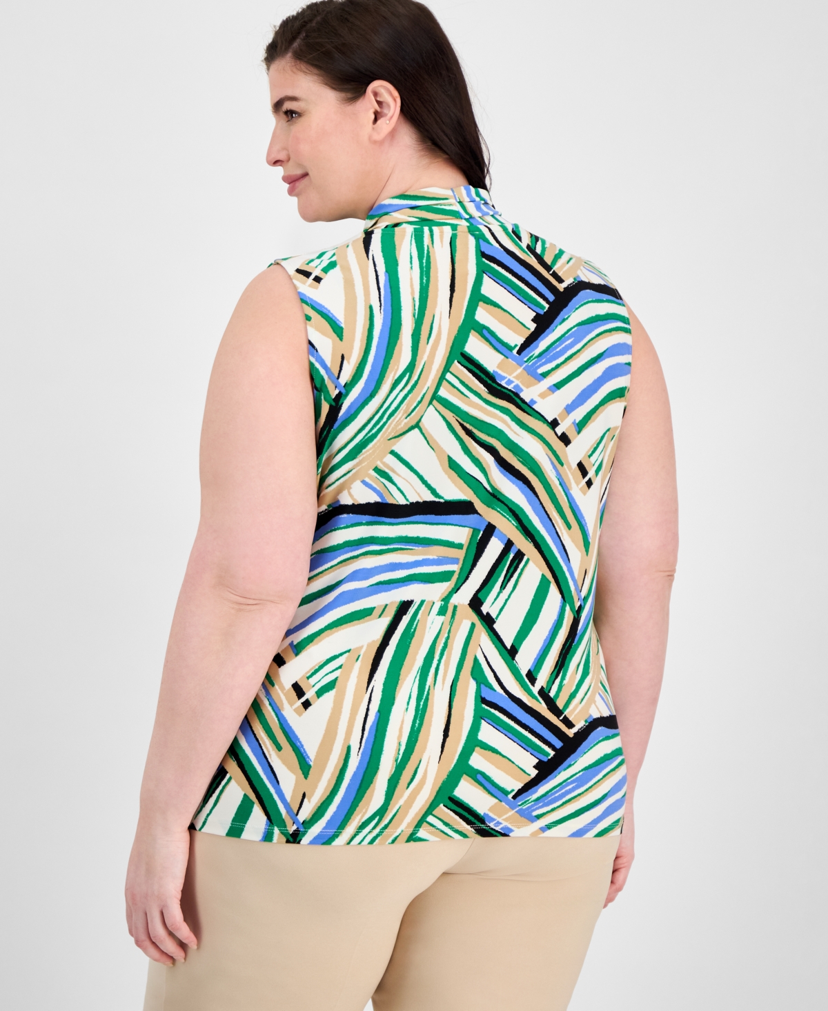 Anne Klein Abstract Print Triple Pleat Sleeveless Top In Green
