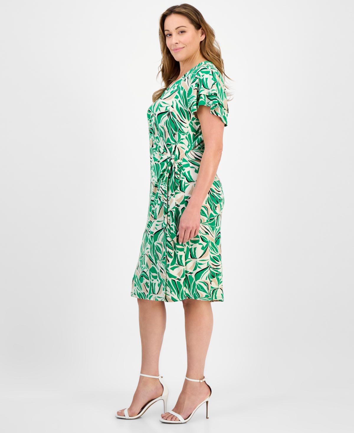 Anne Klein Abstract Print Flutter Sleeve Wrap Dress In White