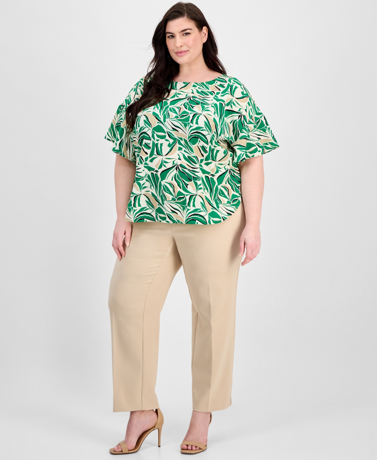 Anne Klein Plus Size Printed Flutter-sleeve Blouse