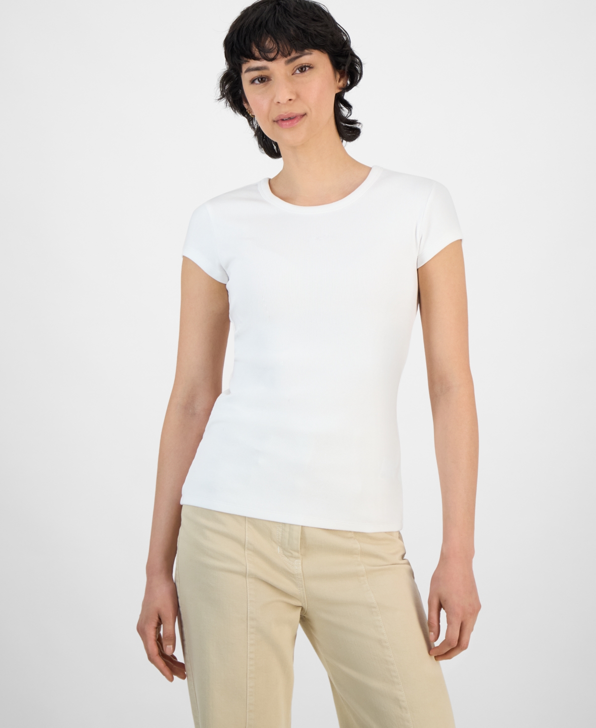 Women's Crewneck Cutout-Back Cap-Sleeve Top - White