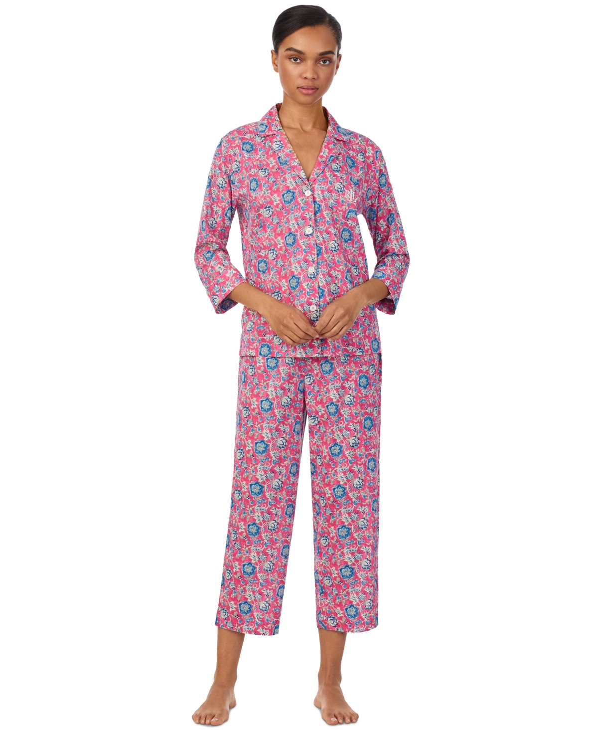 Shop Ralph Lauren Women's 3/4-sleeve Cropped Pajama Set In Red Print