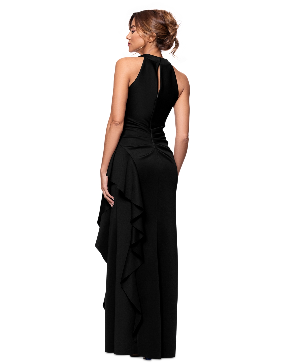 Xscape Women's Crisscross Halter Side-ruffled Gown In Black