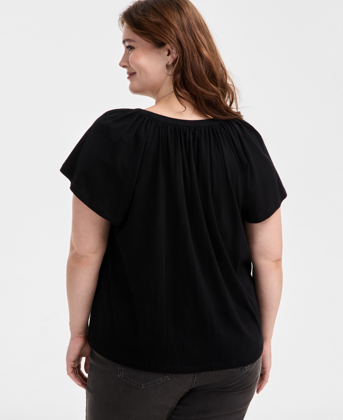 Style & Co Plus Size Flutter-sleeve Top, Exclusively At Macy's In Deep Black
