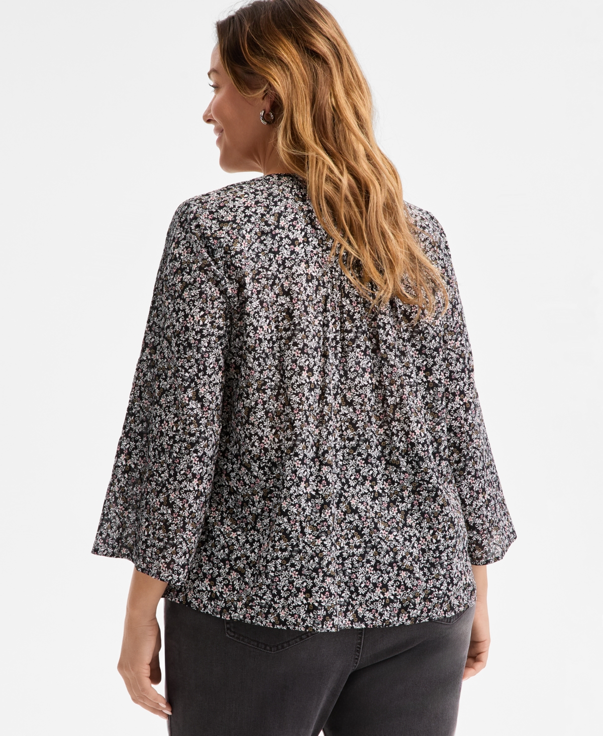 Style & Co Plus Size Printed Pintuck Top, Exclusively At Macy's In Ditsy Deep Black
