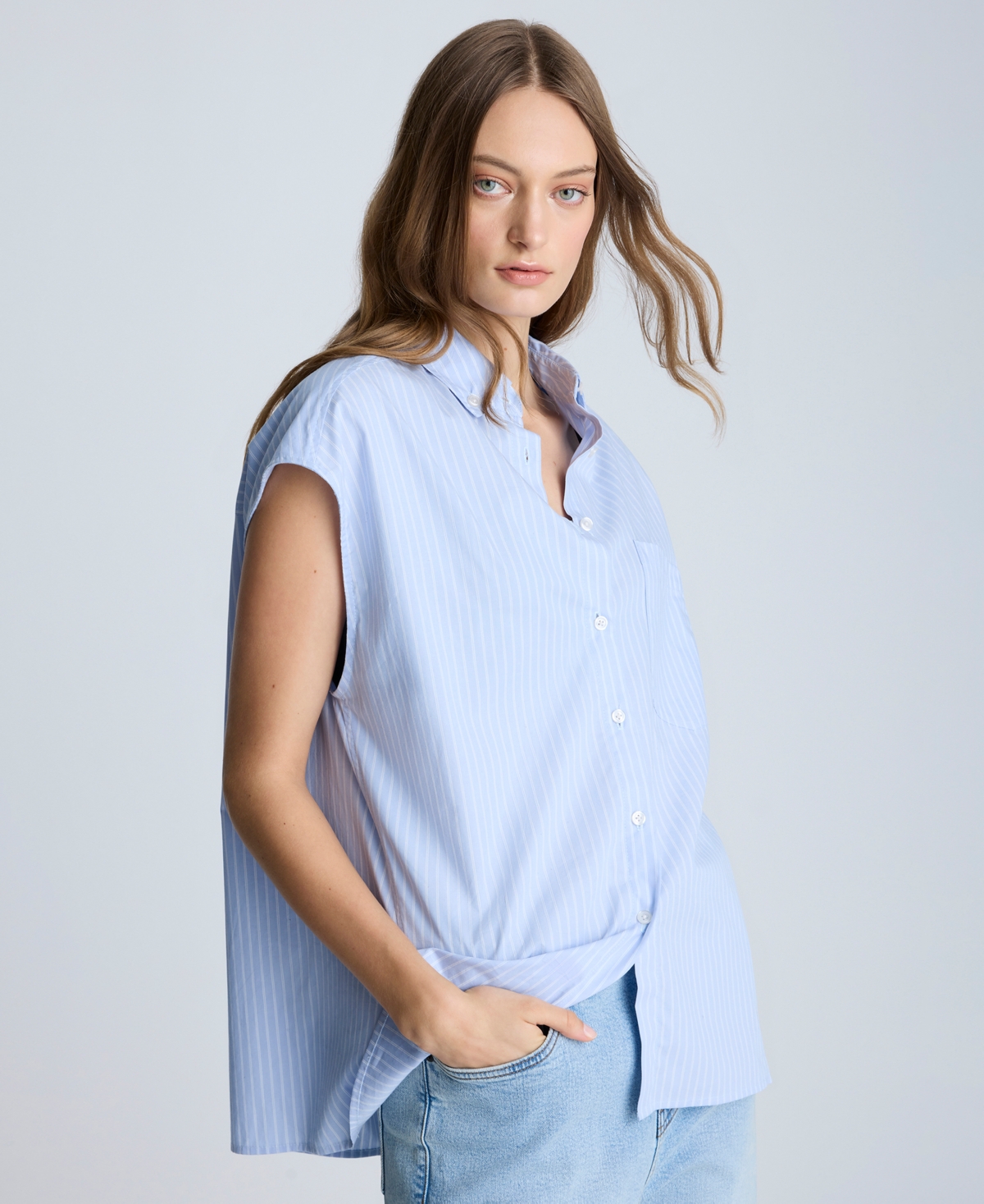 Kenneth Cole Oversize Stripe Cap Sleeve Button-down Shirt In Blue