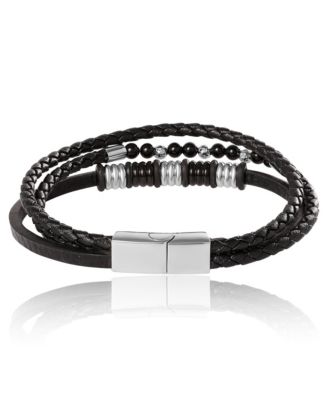 Stainless Steel Triple Row Black Cord Bracelet - 8.25"