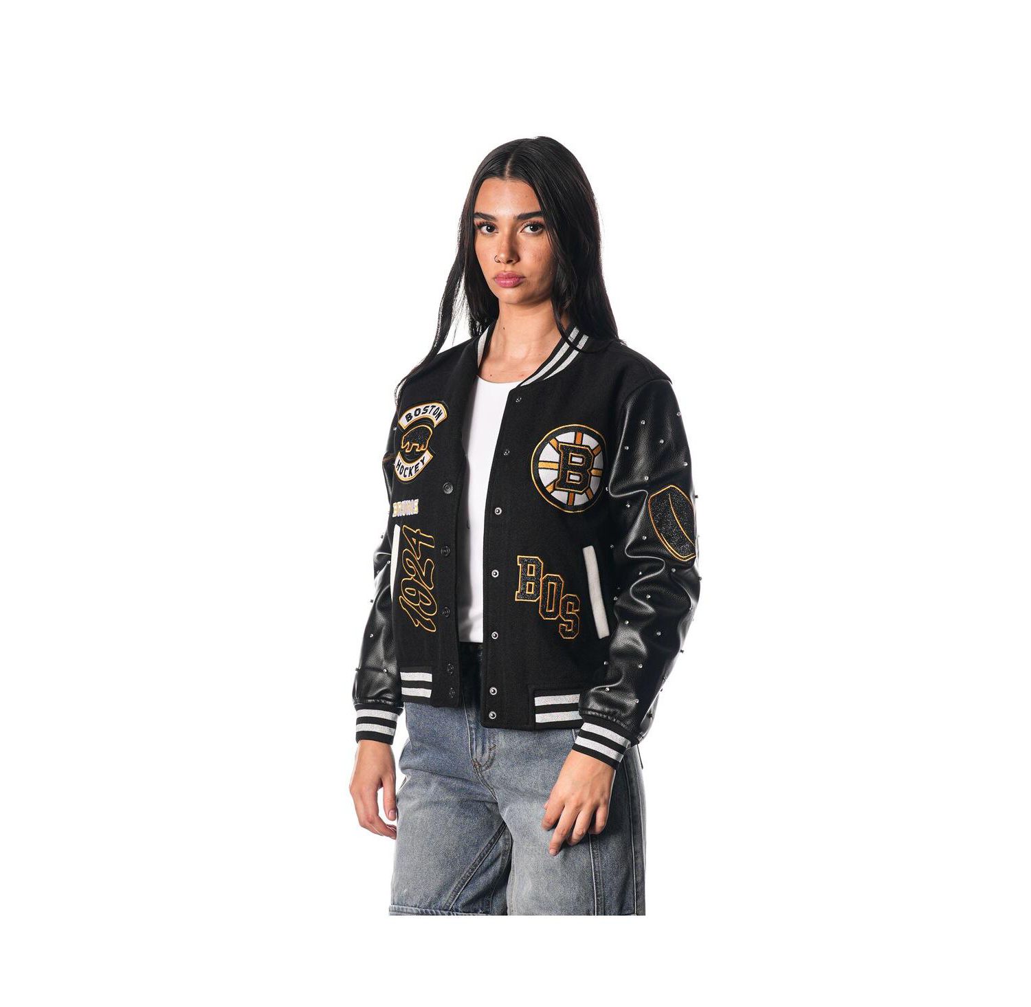 Women's Black Boston Bruins Full-Snap Varsity Jacket