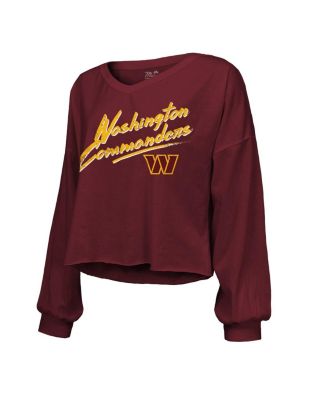 Women's Jayden Daniels Burgundy Washington Commanders Off-Shoulder Script Player Name Number Cropped Long Sleeve V-Neck T-Shirt