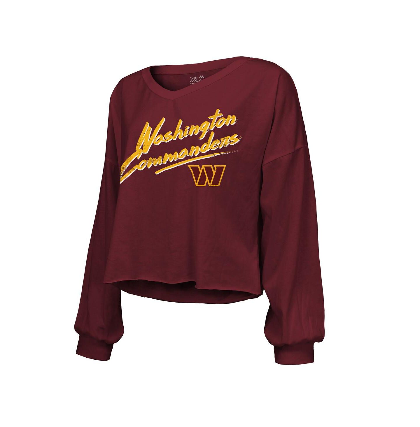 Женская футболка Majestic Jayden Daniels Burgundy Washington Commanders Off-Shoulder Script Player Name & Number Cropped Long Sleeve V-Neck — фото 3