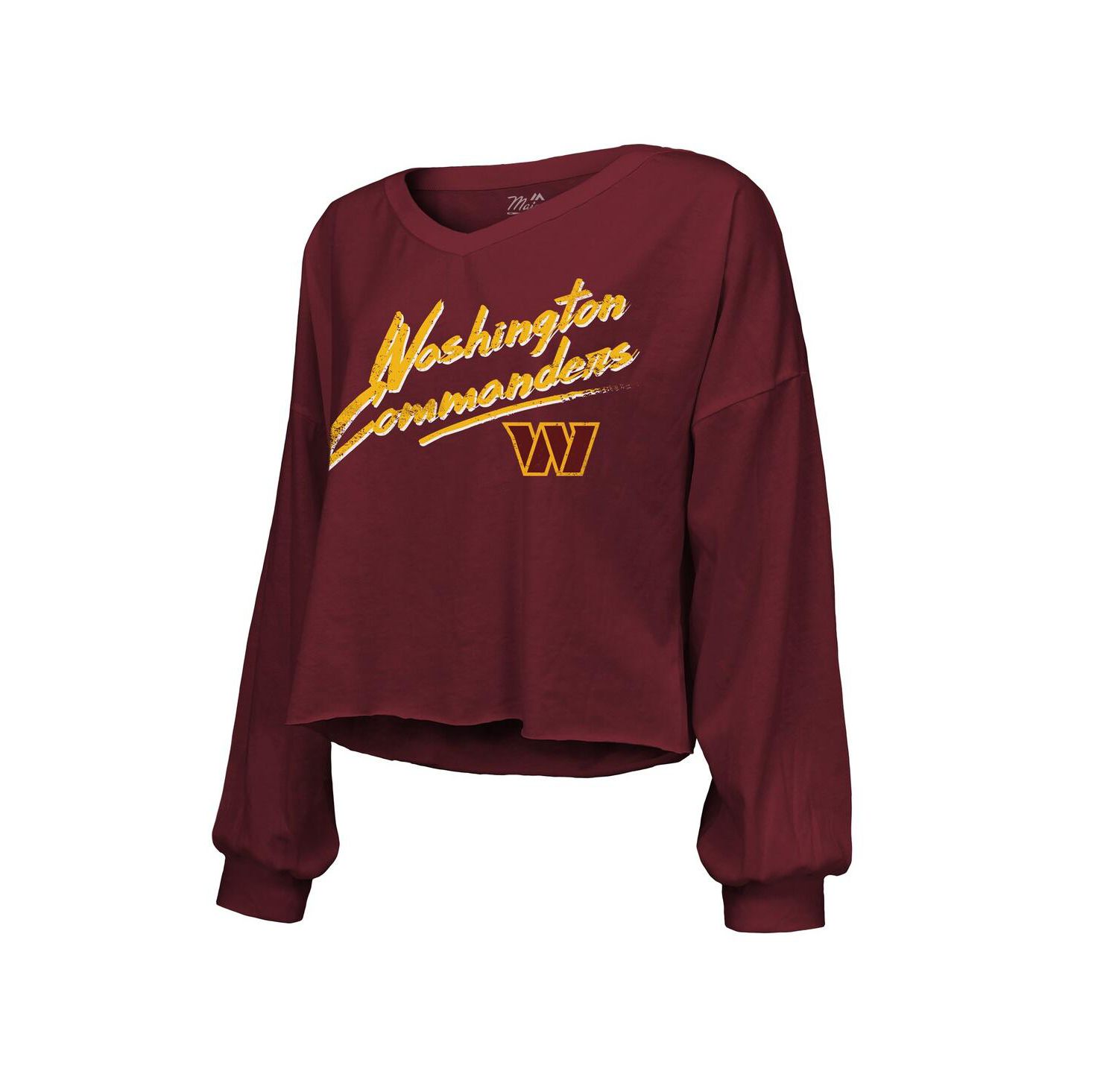 Women's Jayden Daniels Burgundy Washington Commanders Off-Shoulder Script Player Name & Number Cropped Long Sleeve V-Neck T-Shirt