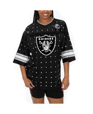 Gameday Couture - Women's Black Las Vegas Raiders Kickoff Time Allover Rhinestone Sports Stripe Jersey V-Neck T-Shirt