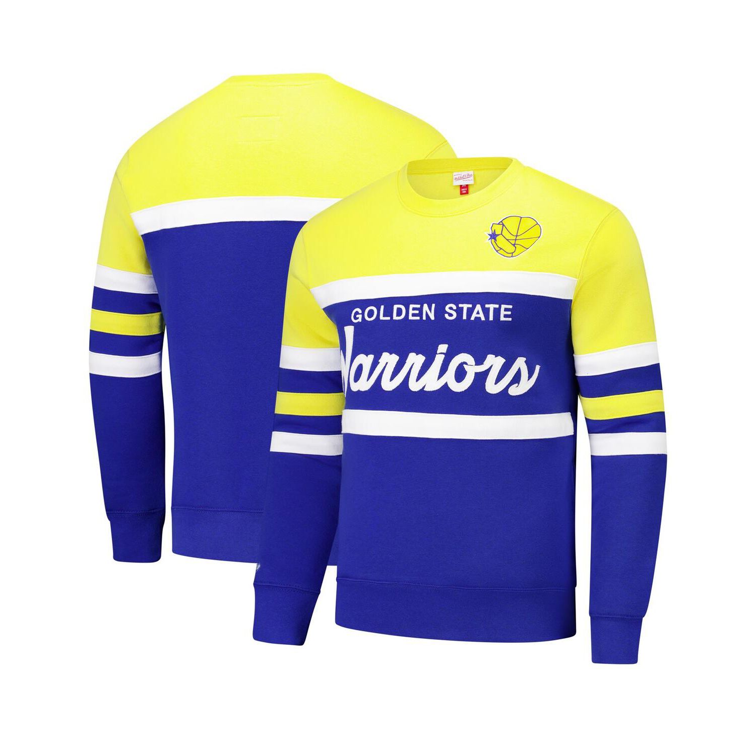 Men's Royal/Gold Golden State Warriors Hardwood Classics Vintage Logo Head Coach Pullover Sweatshirt