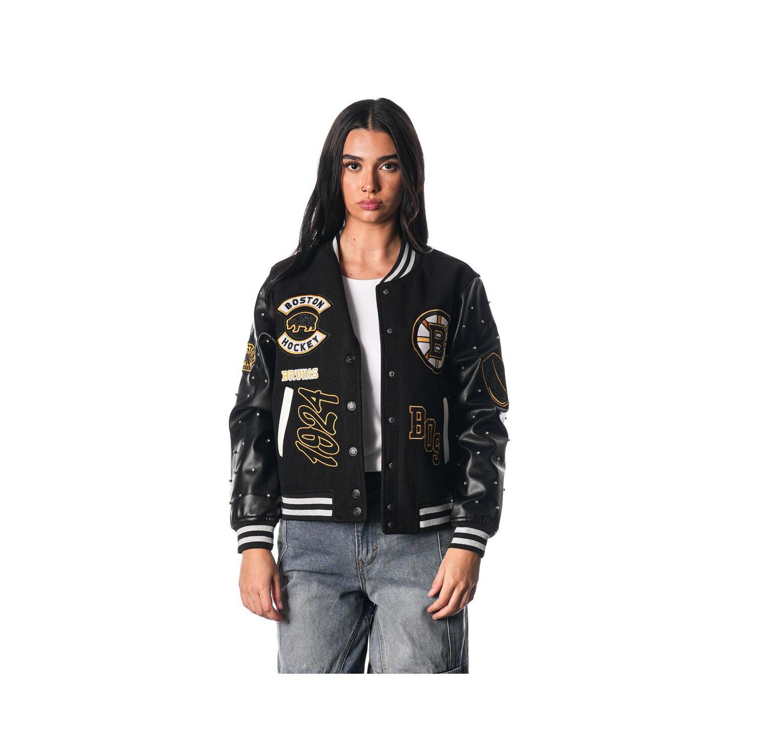 Women's Black Boston Bruins Full-Snap Varsity Jacket