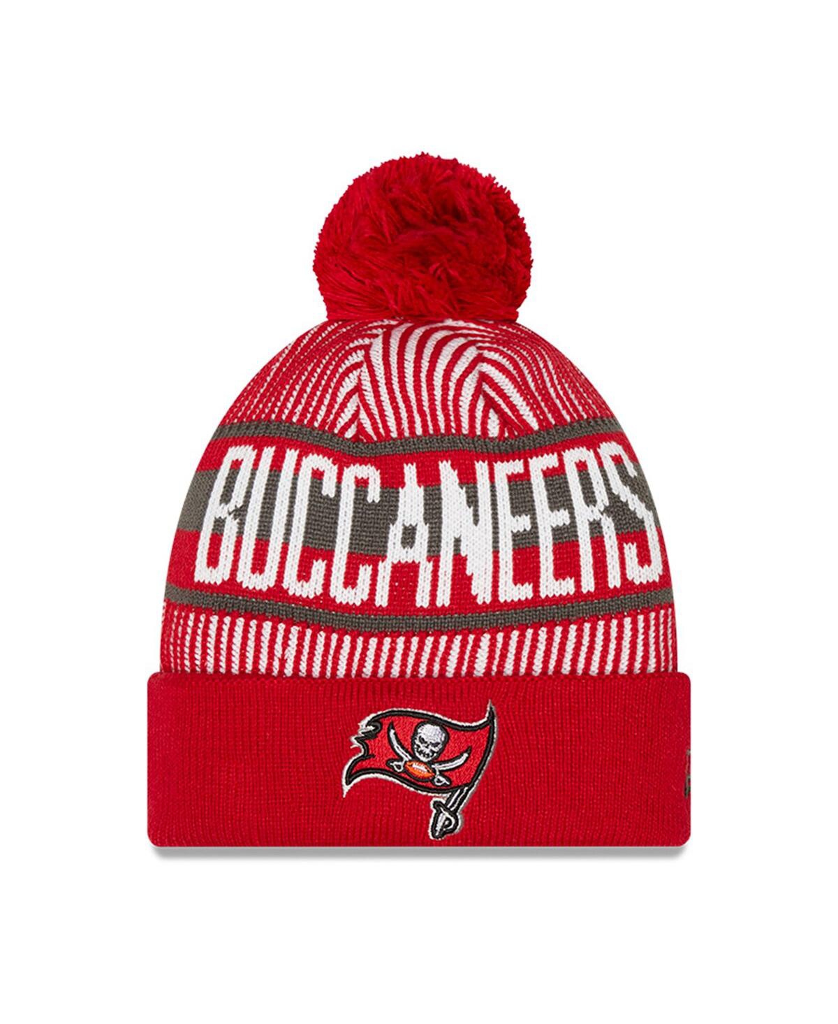 New Era Big Boys And Girls Red Tampa Bay Buccaneers Striped Cuffed Knit Hat With Pom In Red