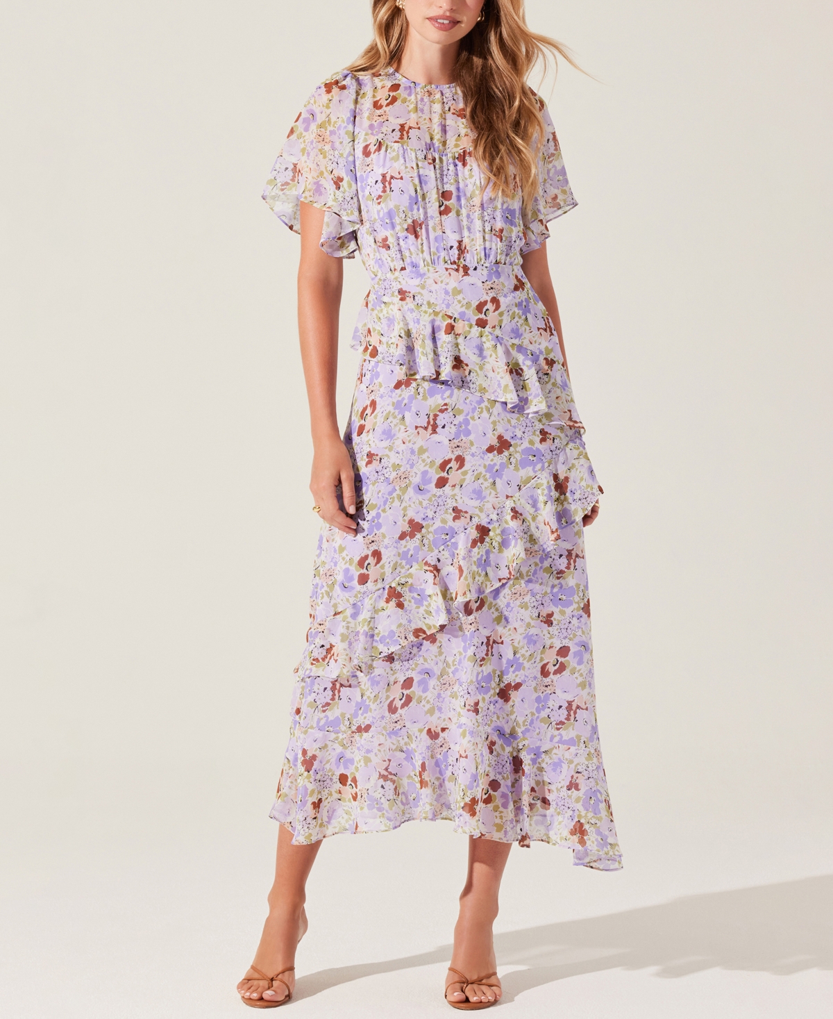 Astr The Label Floramae Floral Ruffle Detail Short Sleeve Midi Dress In Lavender Floral